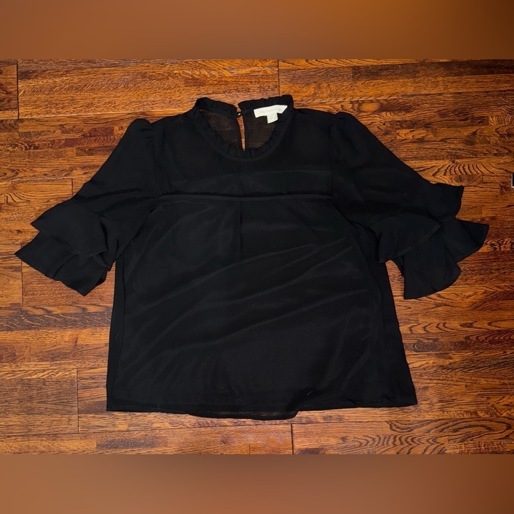 MONTEAU LOS ANGELES Half Sleeve Ruffle Detail Blouse in Black Size Extra Large